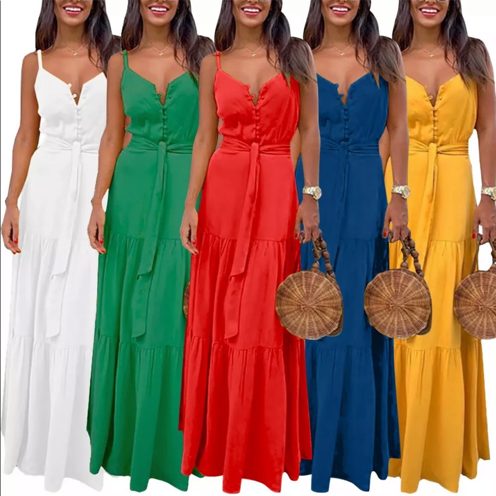 Buttoned, Spaghetti Strap, Ruffled, Maxidress - Picture 2 of 16